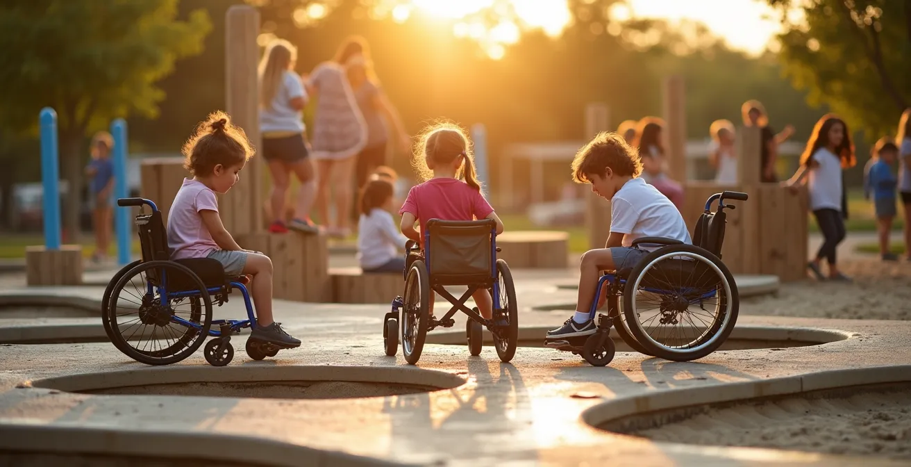 Aire de jeux avec enfants de capacités diverses jouant ensemble sur des équipements sensoriels