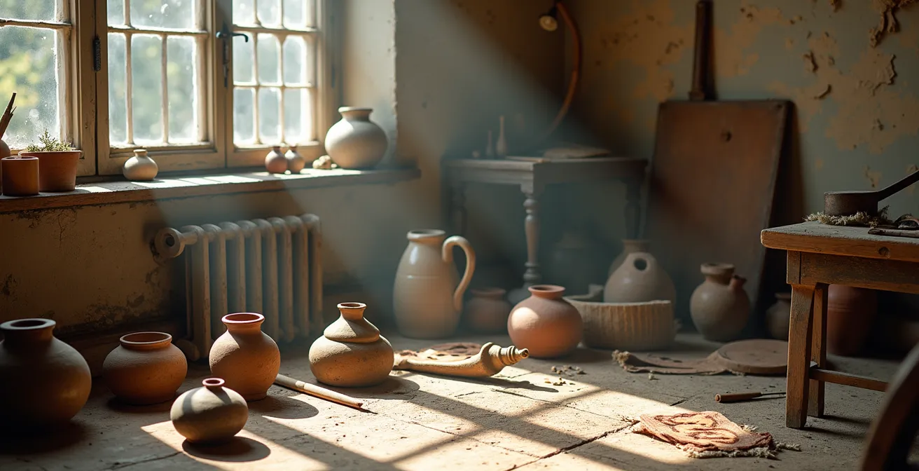 Vue d'ensemble d'un atelier d'artiste du XIXe siècle avec objets éparpillés révélant l'époque