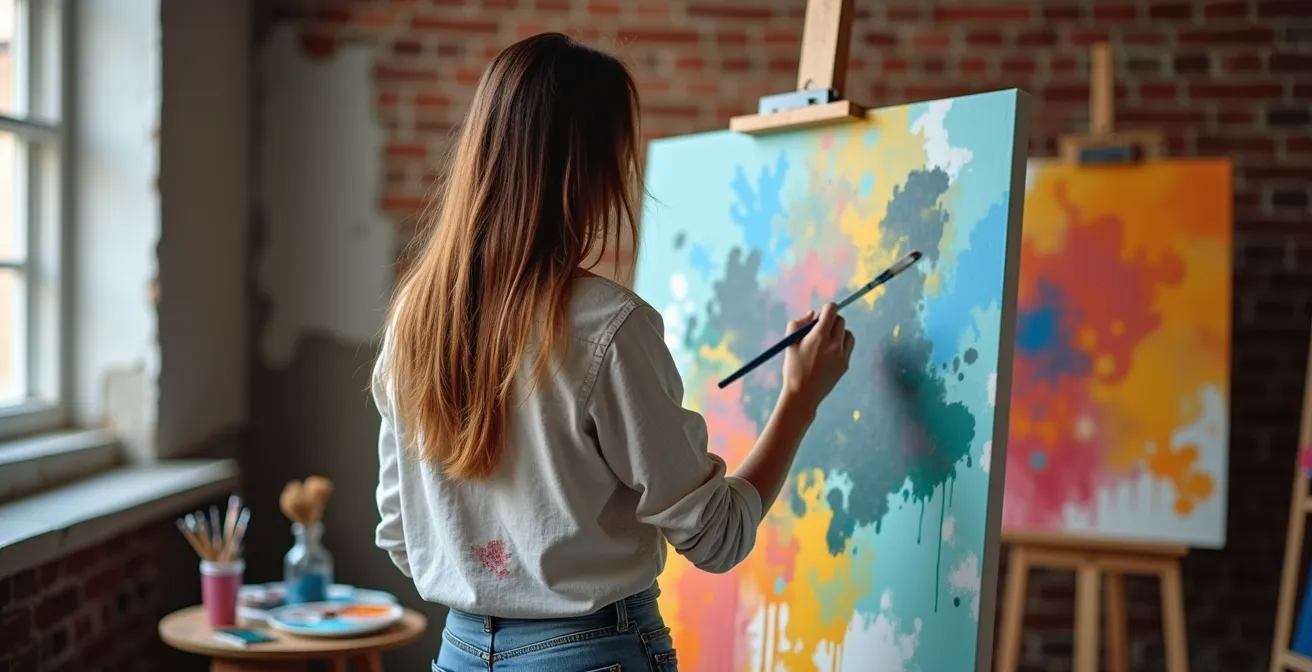 Jeune artiste dans un atelier moderne créant une œuvre expressionniste avec des couleurs vives sur grande toile