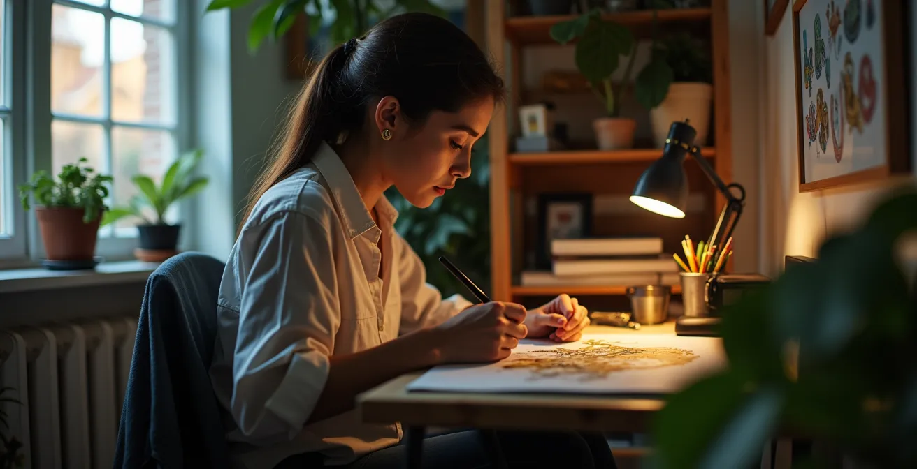 Artiste créant dans un espace minimal avec outils numériques compacts