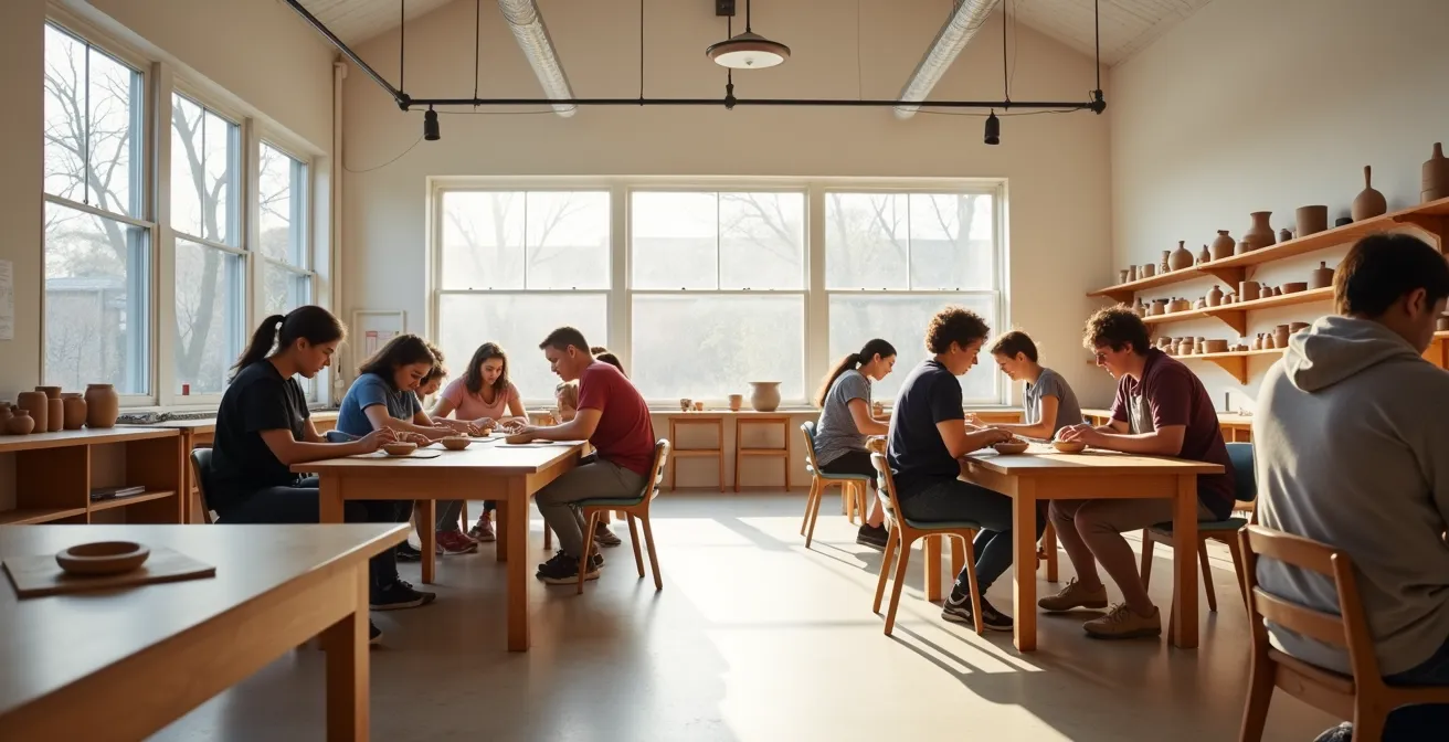 Espace associatif lumineux avec participants de différentes générations travaillant ensemble