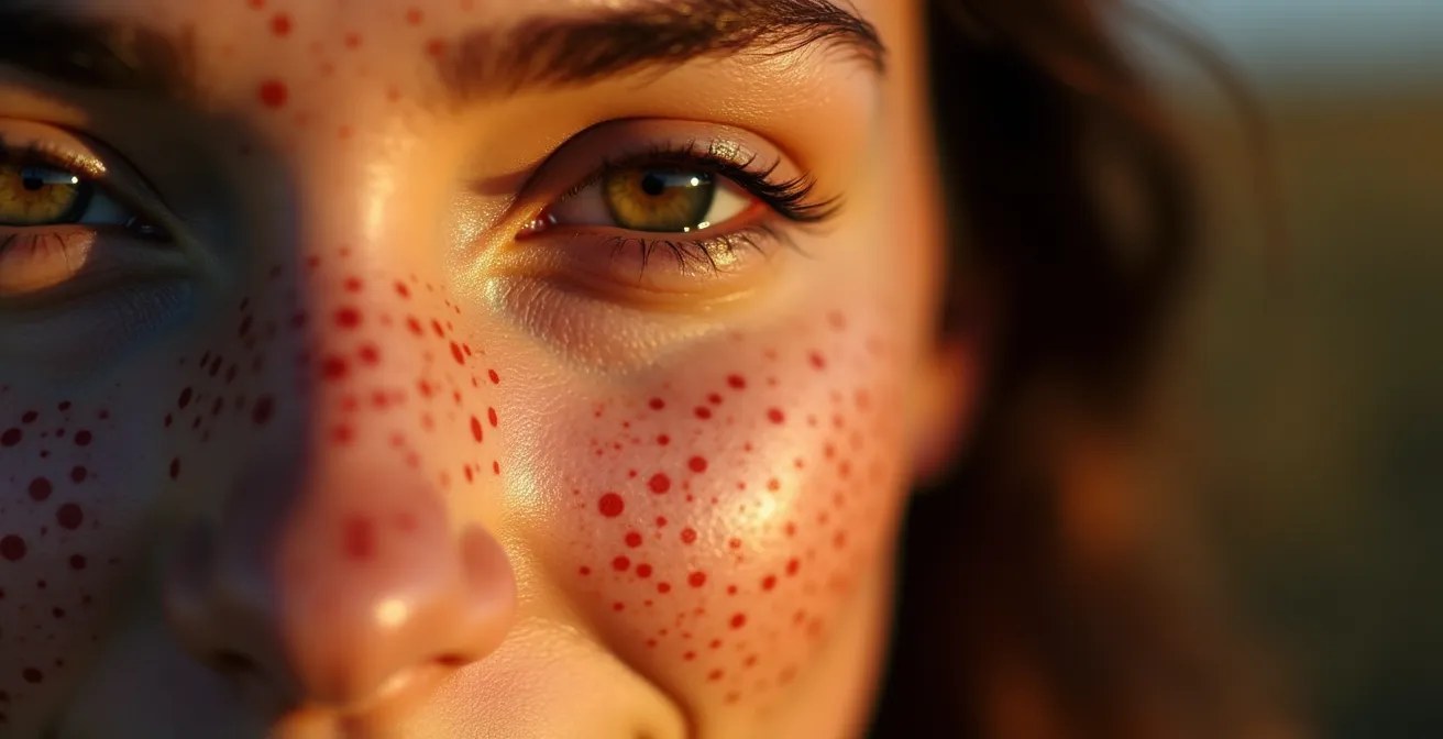 Gros plan artistique sur un visage avec taches de rousseur naturelles illuminées par une lumière dorée
