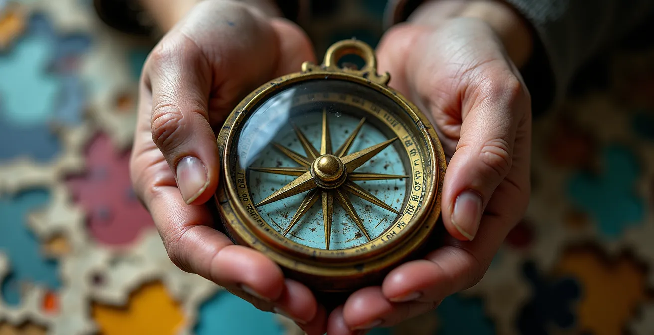 Mains d'artiste tenant une boussole inversée entourée d'œuvres d'art floues