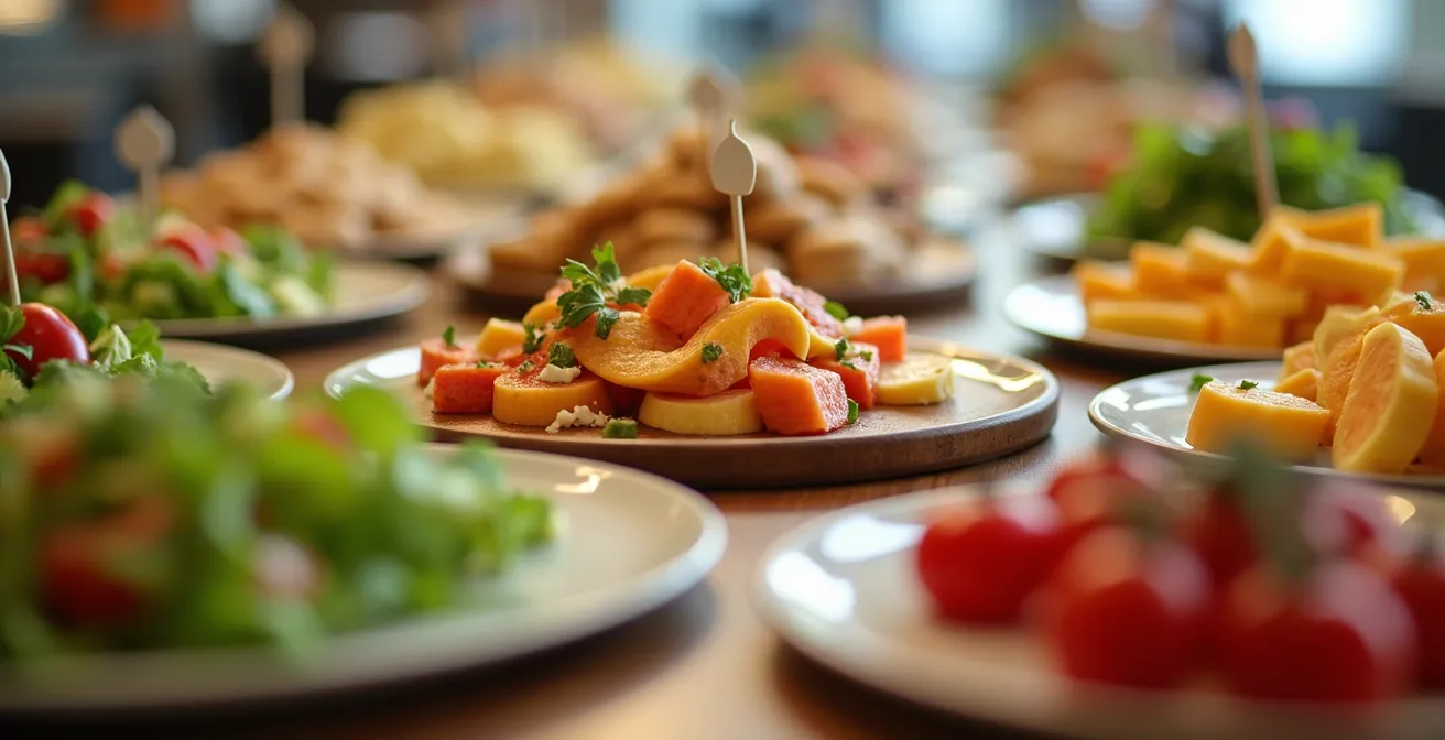 Table de buffet avec plats étiquetés pour les différents régimes alimentaires