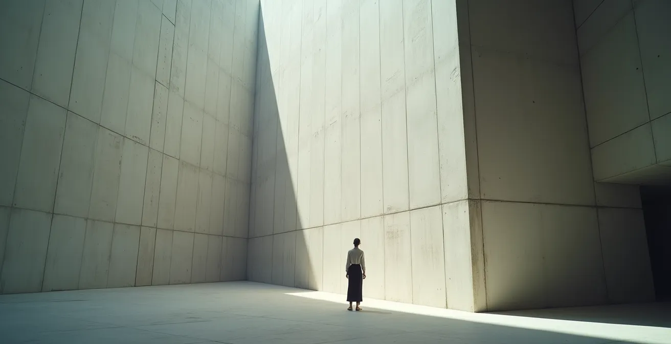 Photographie d'une silhouette humaine positionnée selon la règle des tiers dans un vaste espace architectural minimaliste