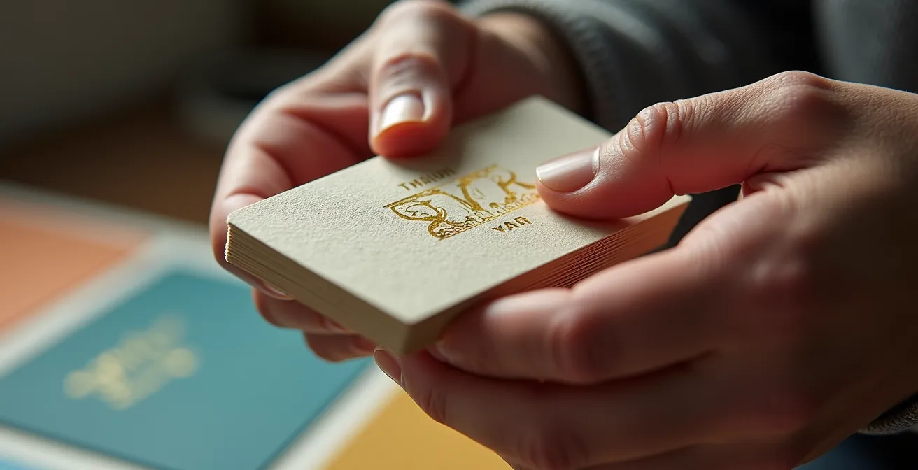 Main tenant une carte de visite luxueuse avec texture et matériaux premium reflétant une identité visuelle cohérente