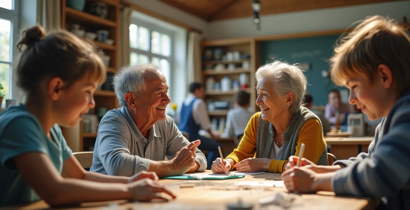 Espace commun d'un immeuble intergénérationnel avec atelier partagé où seniors et étudiants échangent