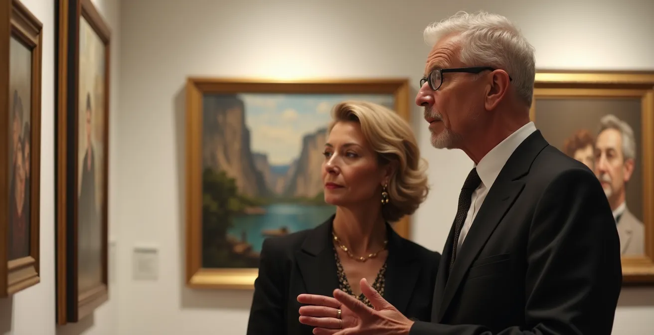 Collectionneurs examinant des œuvres dans une galerie d'art moderne
