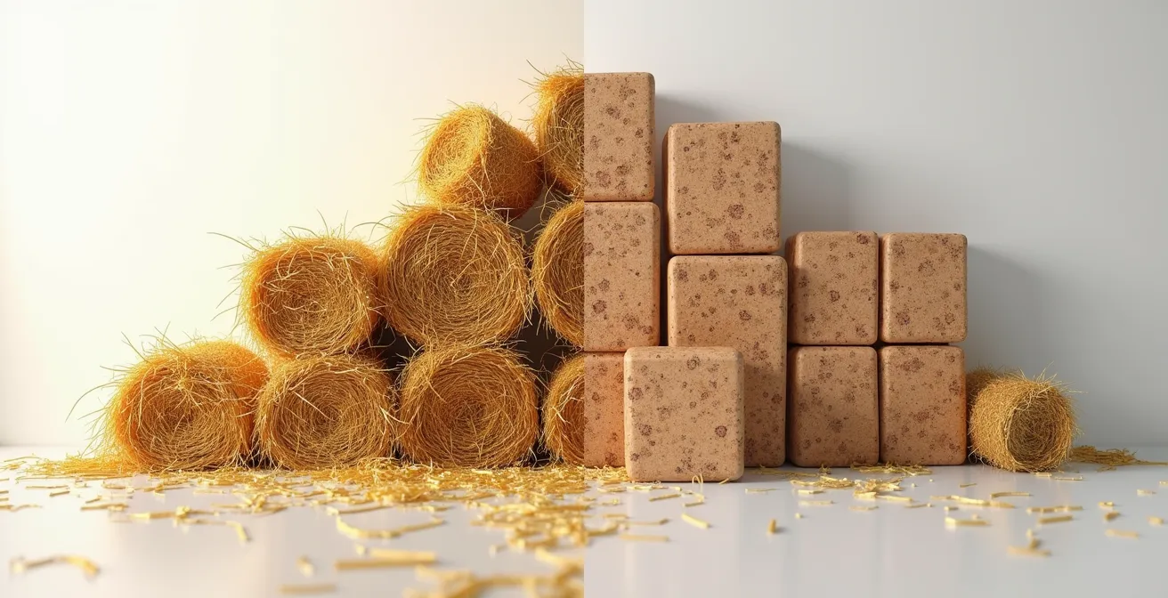 Composition minimaliste montrant des bottes de paille dorée d'un côté et des panneaux de liège de l'autre, séparés par une ligne invisible suggérant le choix