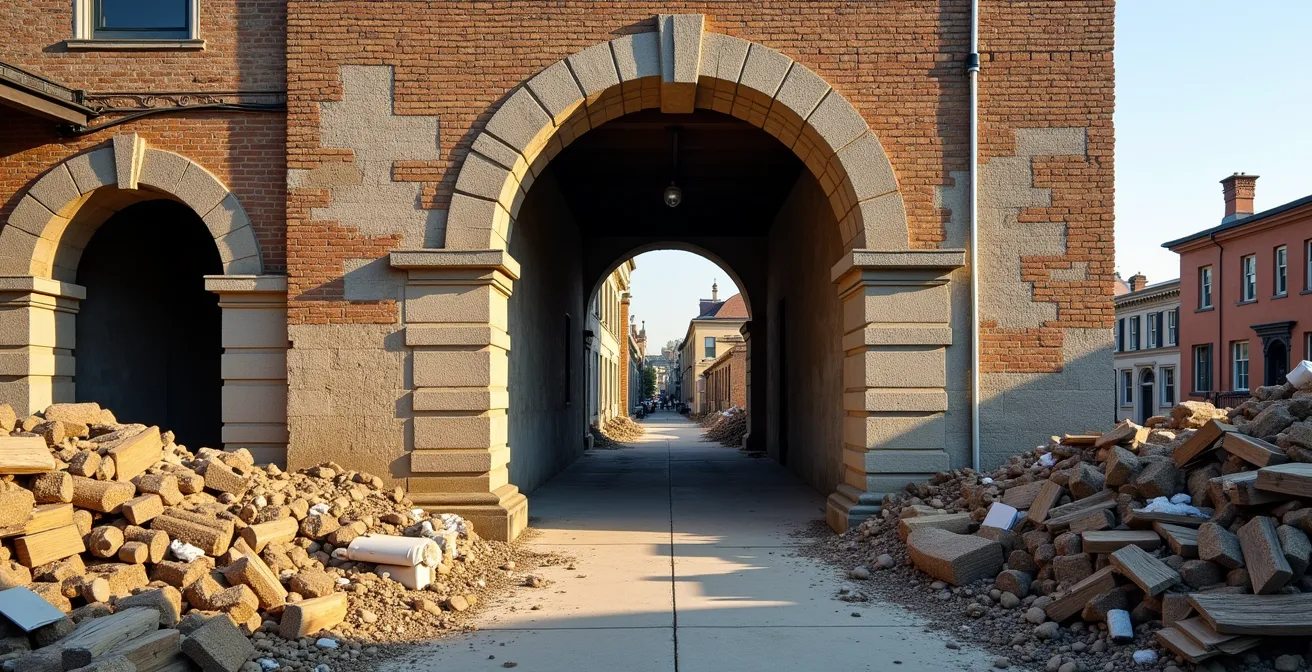 Bâtiment ancien en cours de réhabilitation avec structure conservée et nouveaux matériaux écologiques