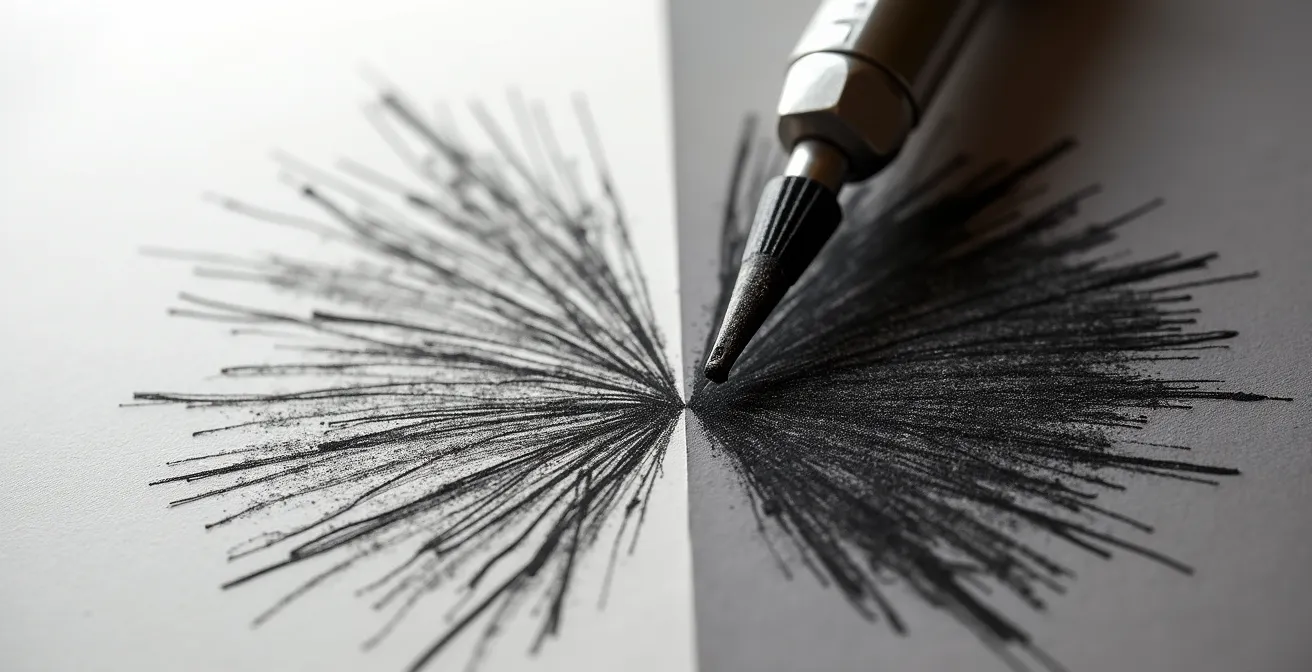 Vue macro comparant les textures du graphite et de la pierre noire sur papier grain fin