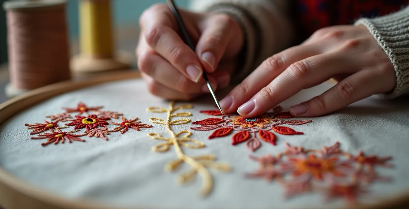 Créatrice textile travaillant sur un costume mêlant broderie traditionnelle et coupe contemporaine