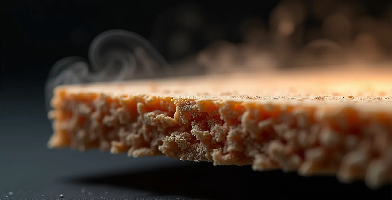 Gros plan macro sur la texture d'un panneau d'aggloméré avec des particules de vapeur visible suggérant l'émission de COV