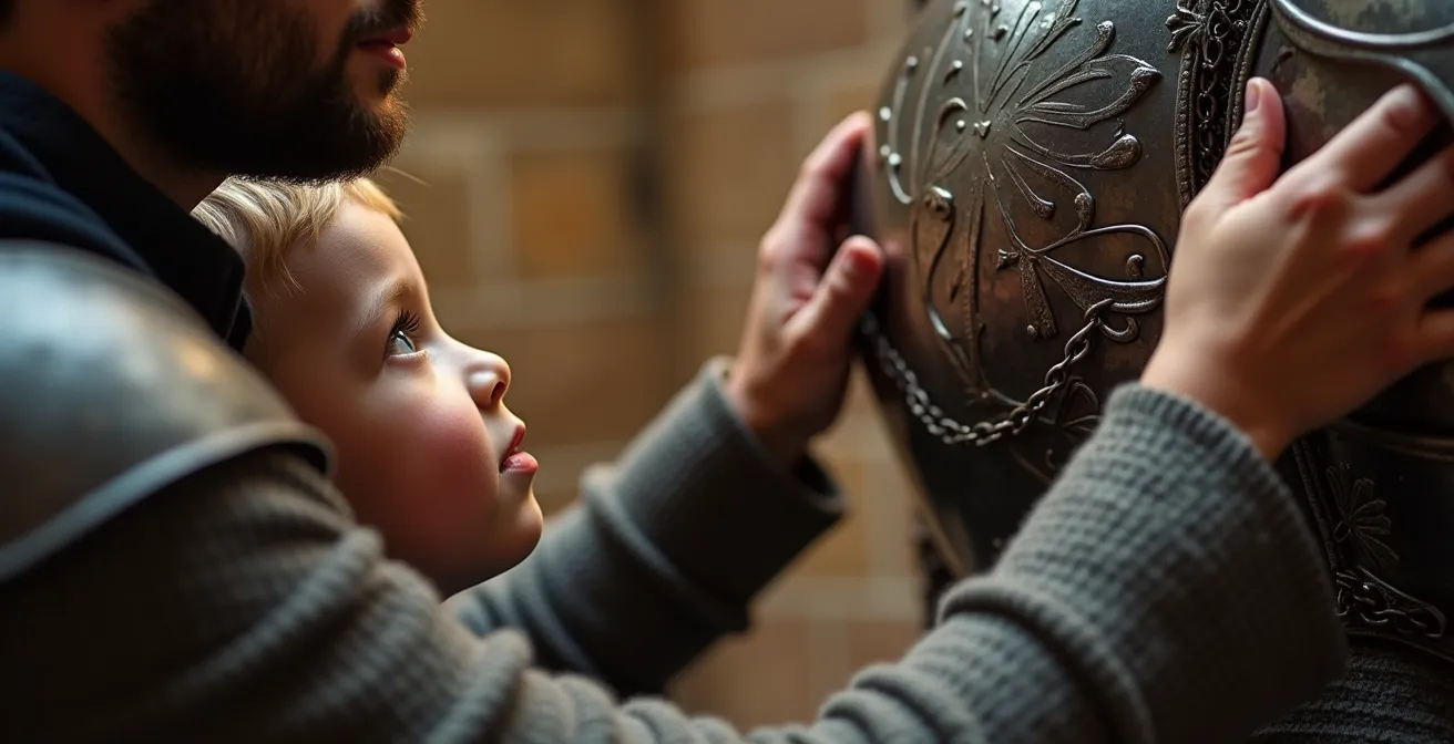 Enfant posant une question à un guide en costume historique dans une salle de château