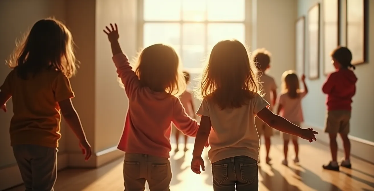 Enfants en train d'explorer un espace d'exposition avec curiosité et émerveillement