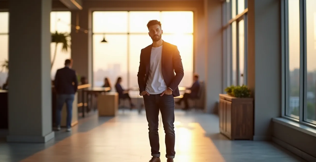 Entrepreneur en tenue smart casual dans un espace de coworking lumineux, incarnant l'équilibre entre professionnalisme et innovation.