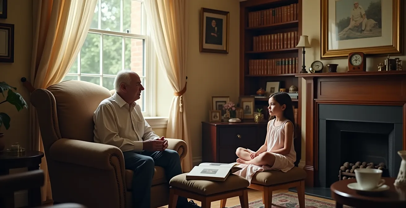 Grand-père et petite-fille en conversation intime dans un salon paisible avec album photos ancien