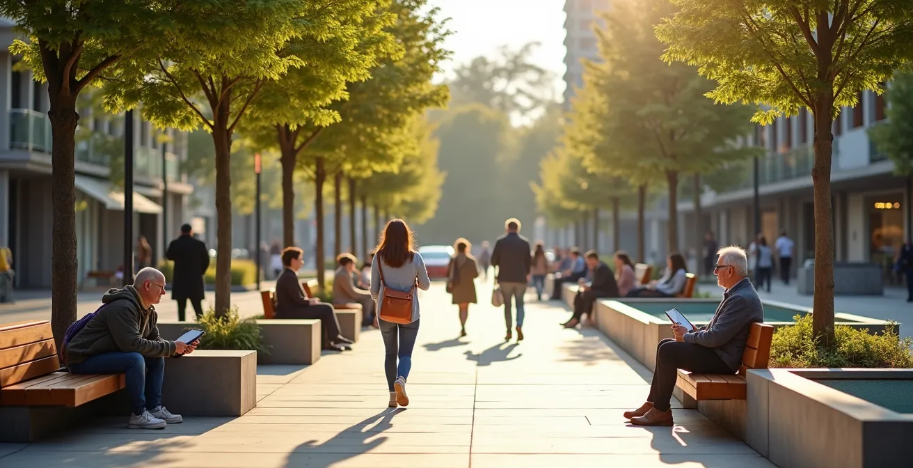 Espace urbain avec signalétique claire, mobilier ergonomique et fontaine apaisante