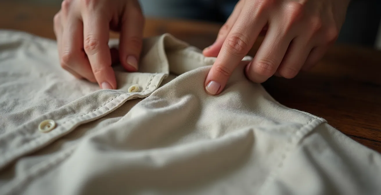 Mains examinant la texture et les coutures d'une chemise en lin vintage