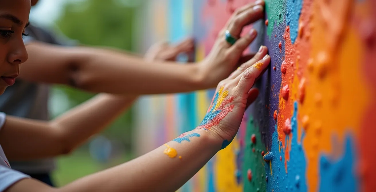 Création collective d'une fresque murale dans un jardin partagé avec voisins de tous âges