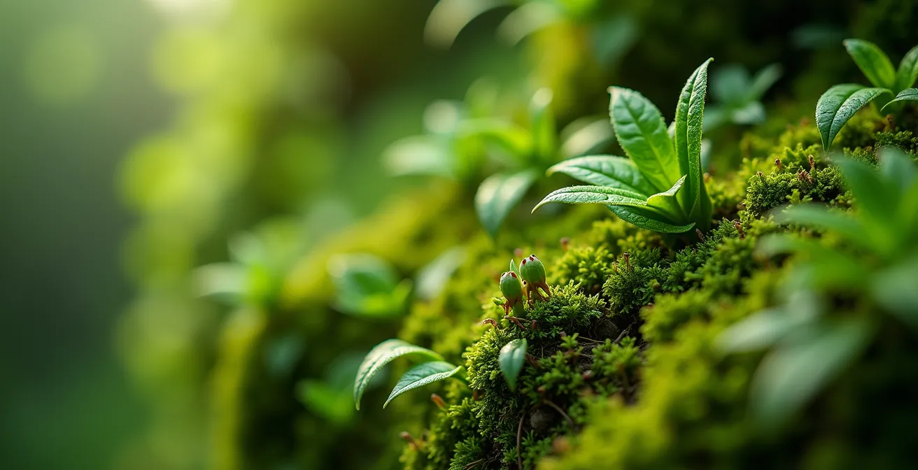 Détail macro d'une façade végétalisée avec mousses, fougères et micro-écosystème urbain