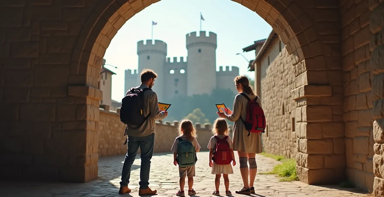 Famille avec enfants tenant des fiches de jeu devant les remparts d'un château