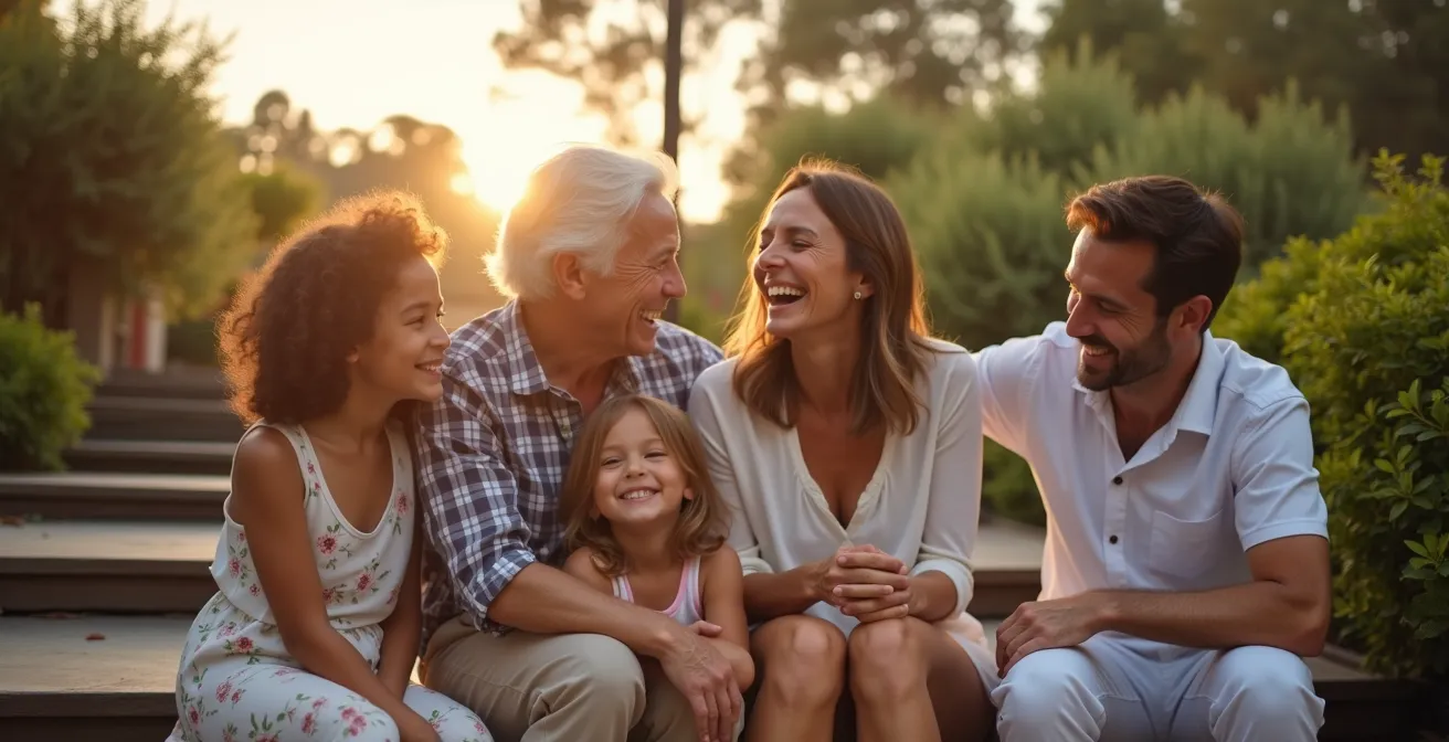 Famille multi-générationnelle capturée dans un moment de joie spontanée et de connexion