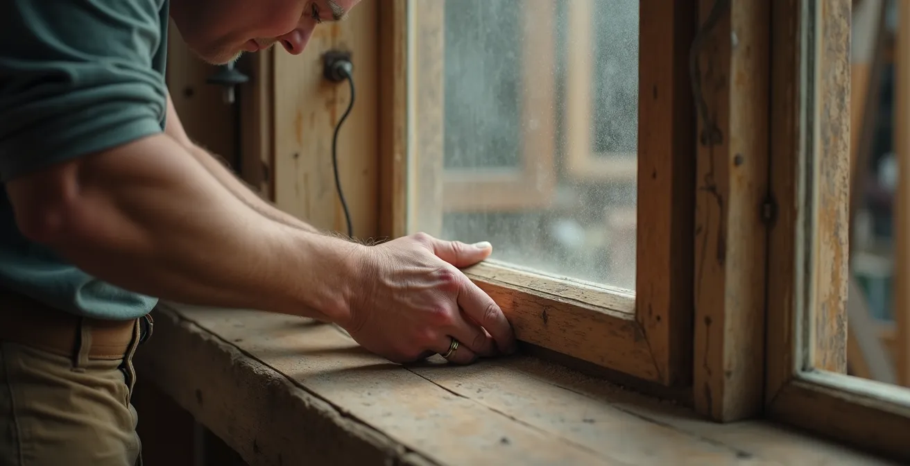 Façade de maison rénovée intégrant des fenêtres anciennes de différentes époques créant une mosaïque architecturale unique