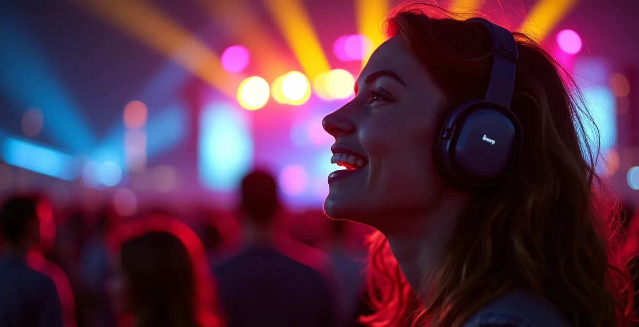 Portrait en profil d'un festivalier portant des bouchons d'oreilles haute fidélité, éclairage de scène coloré en arrière-plan flou