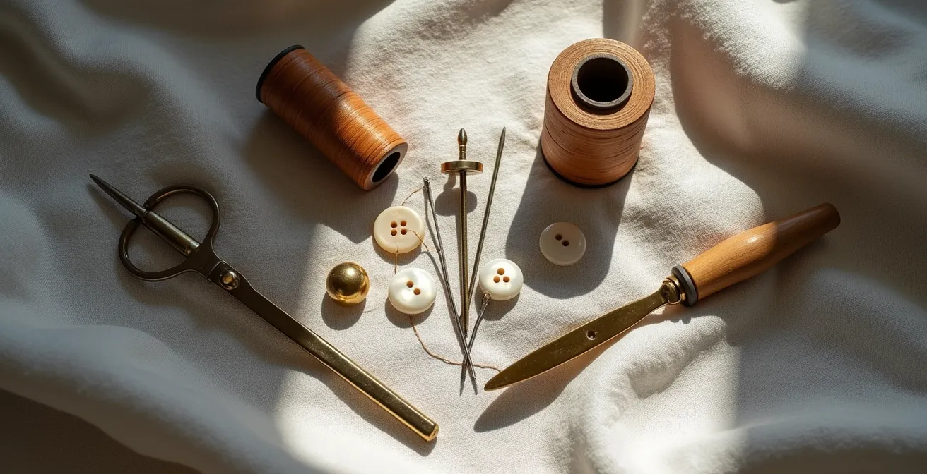 Nature morte minimaliste d'outils de couture traditionnels sur tissu naturel