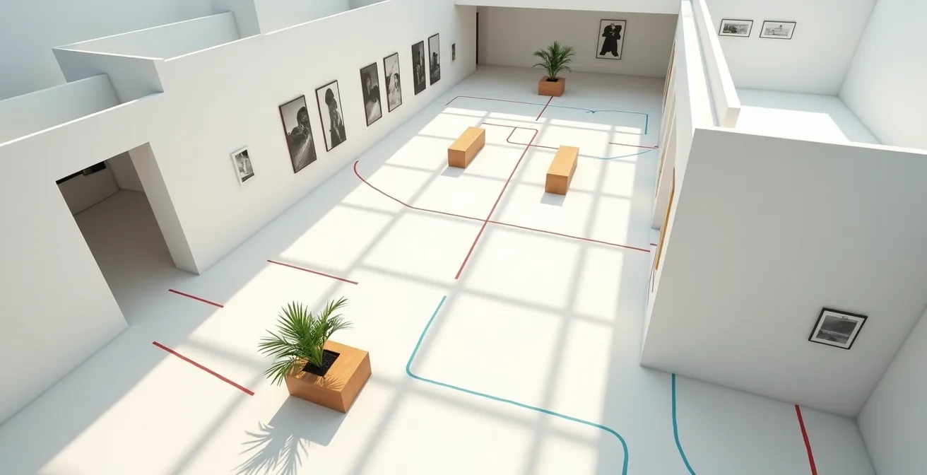 Vue aérienne d'un parcours d'exposition montrant l'alternance entre zones denses et espaces de respiration