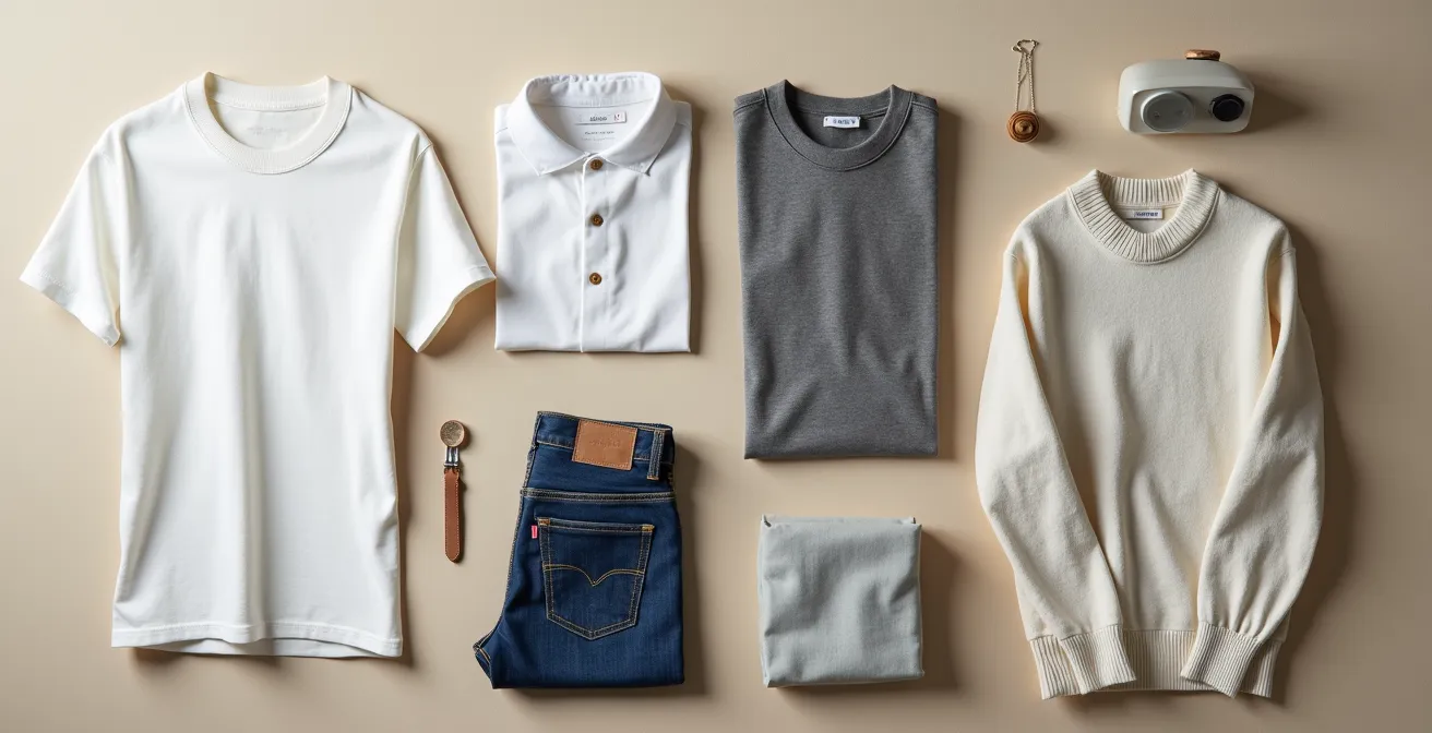 Collection de basiques intemporels en matières durables disposés de manière minimaliste