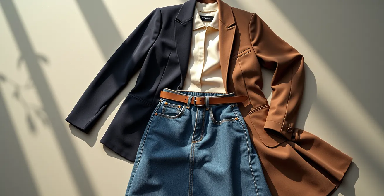 Vêtements polyvalents disposés harmonieusement incluant blazer, chemise fluide et jean stretch