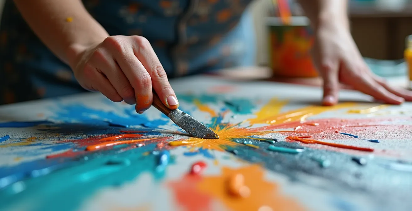 Main d'artiste appliquant de la peinture épaisse avec une spatule sur une toile, créant des traits expressifs et déformés