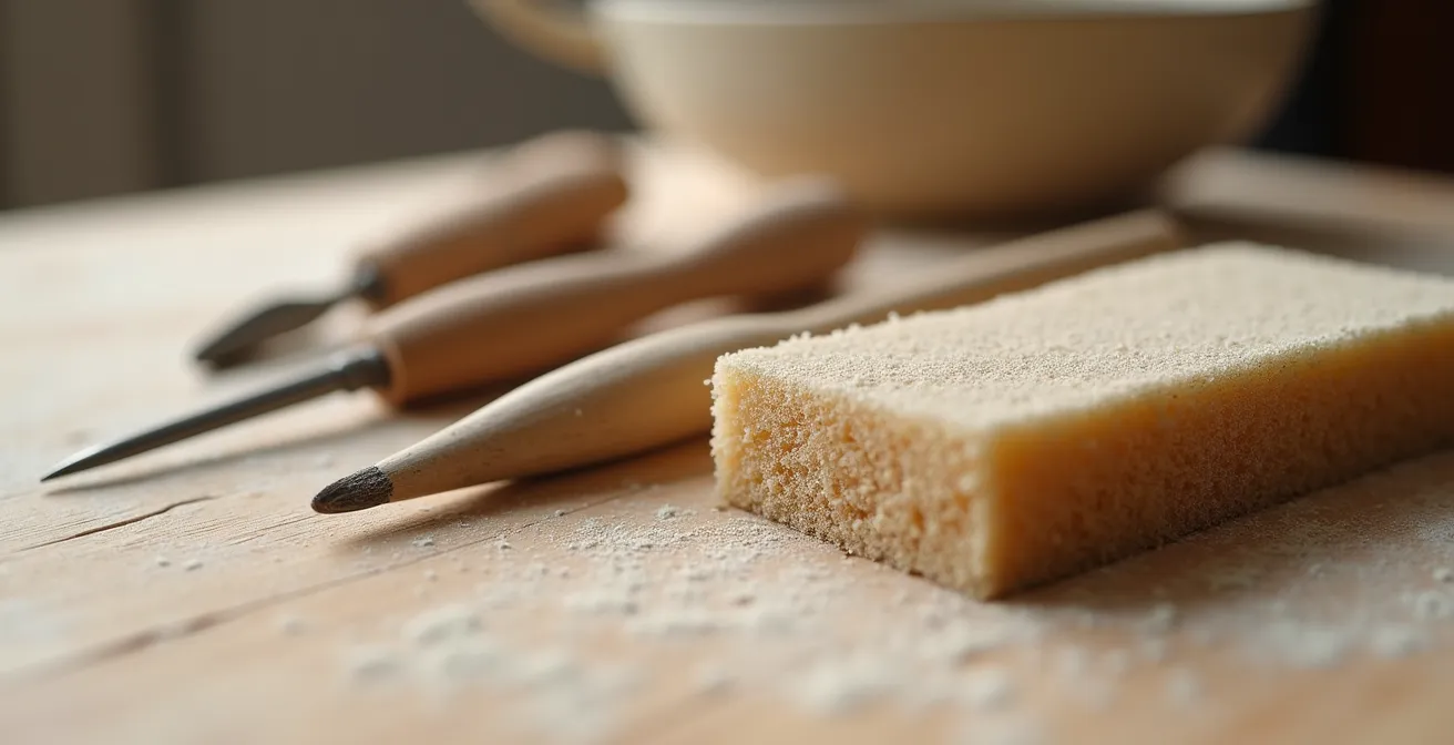 Nature morte minimaliste montrant uniquement les trois outils essentiels du potier débutant