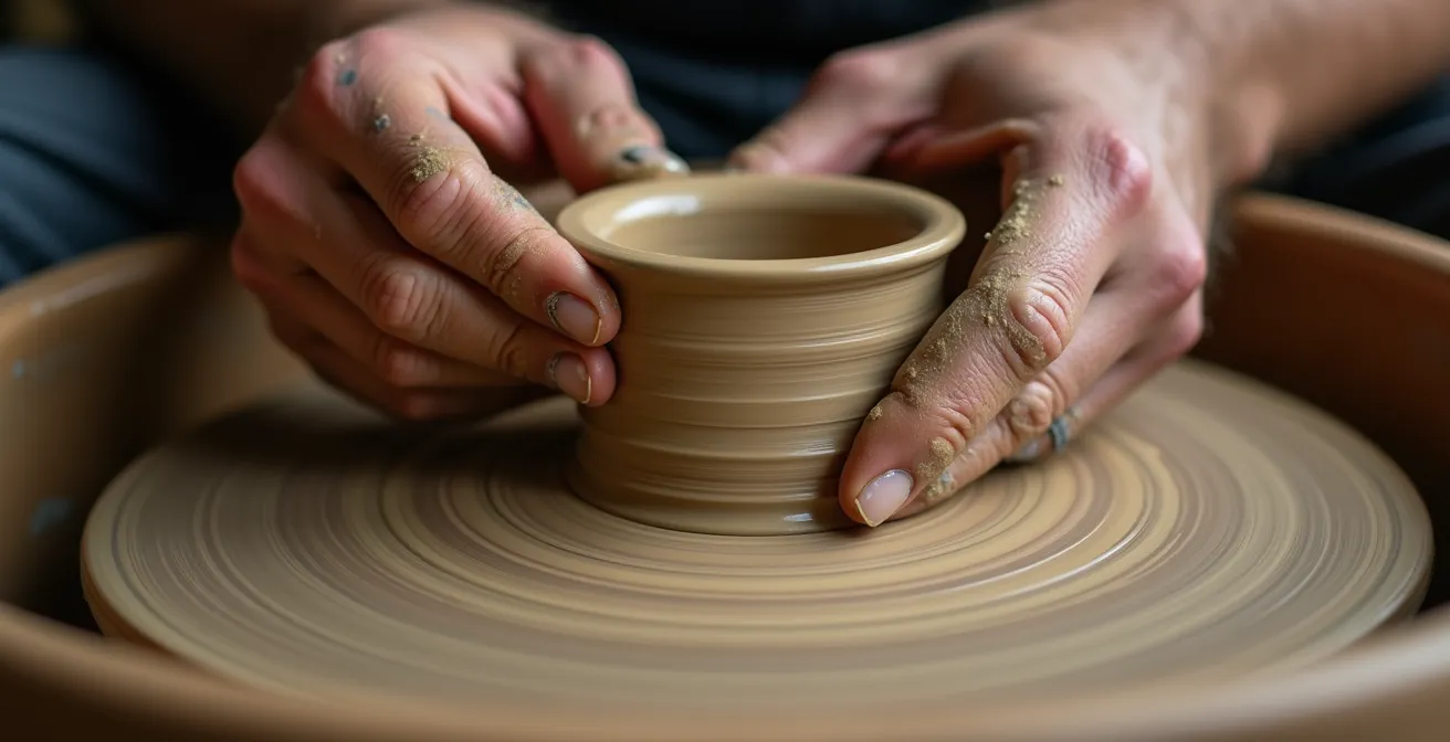 Gros plan sur les mains d'un céramiste façonnant un bol sur un tour de potier