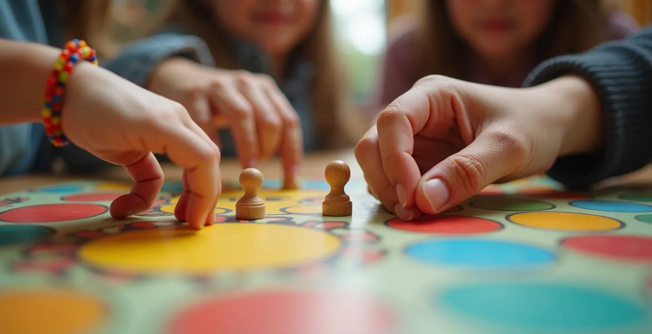 Gros plan sur des mains de différents âges manipulant des pièces de jeu en bois sur un plateau coloré