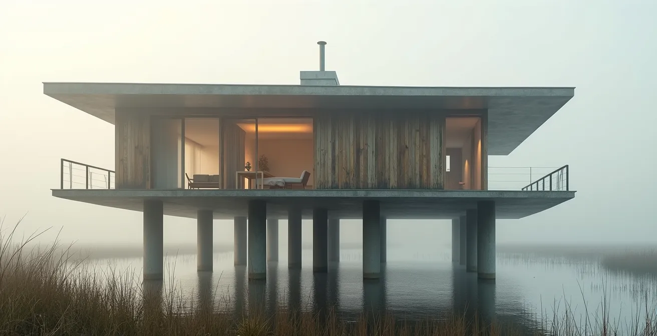 Maison moderne sur pilotis avec jardins inondables et espaces extérieurs couverts