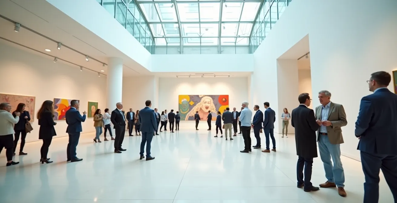 Rencontre entre dirigeants d'entreprise et responsables de musée dans un espace culturel moderne