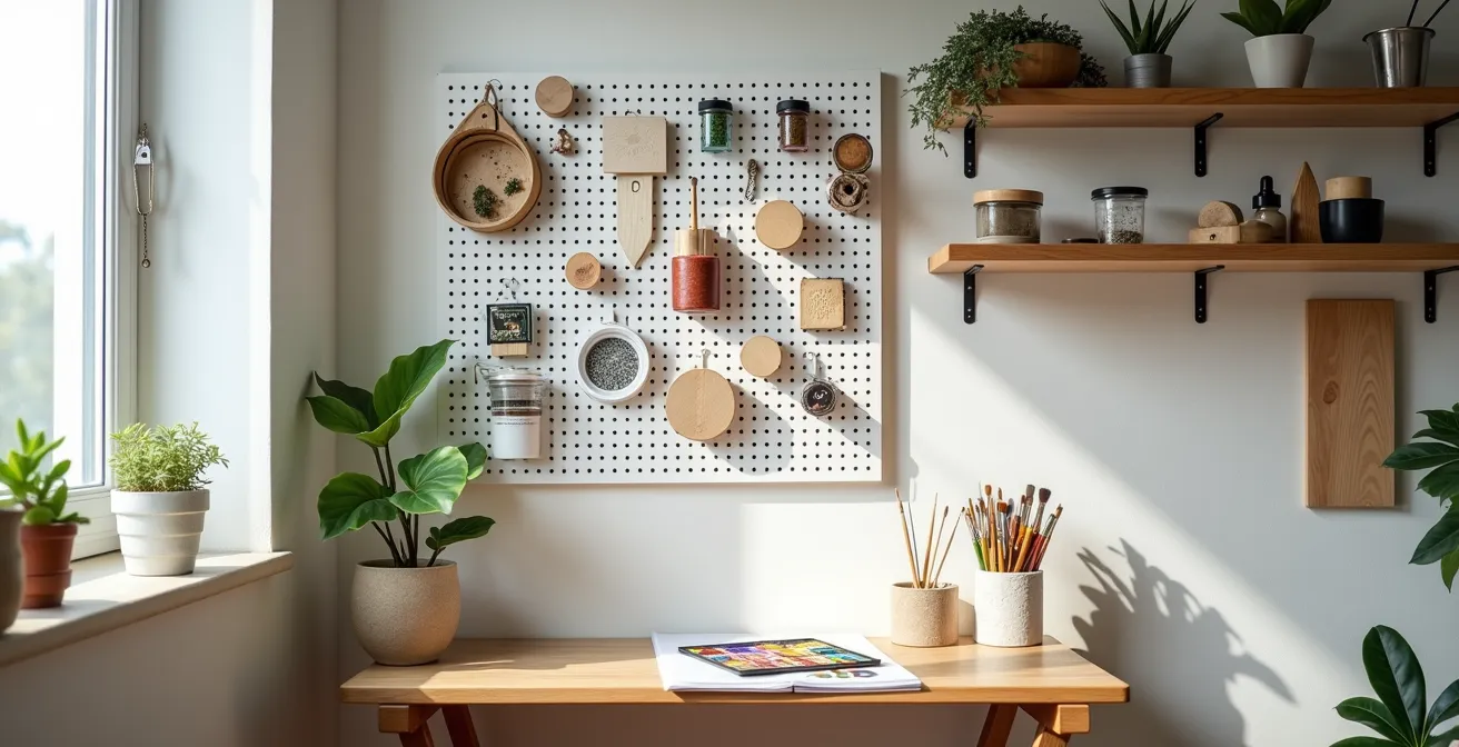 Espace de création compact organisé verticalement sur un mur avec rangements astucieux