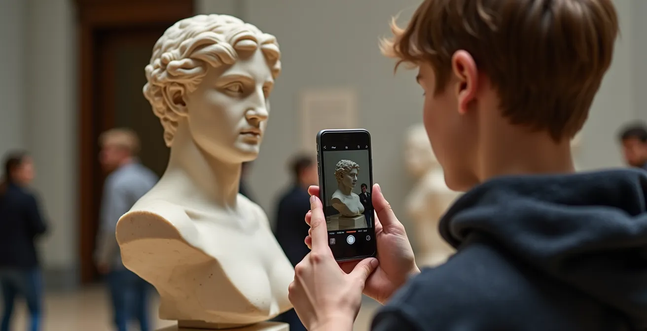 Jeune personne filmant une sculpture classique avec son smartphone dans un musée contemporain