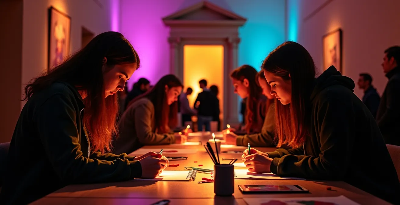 Soirée culturelle dans un musée avec des jeunes participants à des ateliers créatifs sous un éclairage tamisé