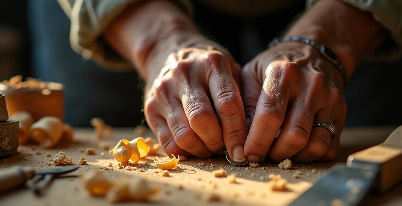 Atelier familial avec outils anciens et mains expertes transmettant un savoir-faire artisanal