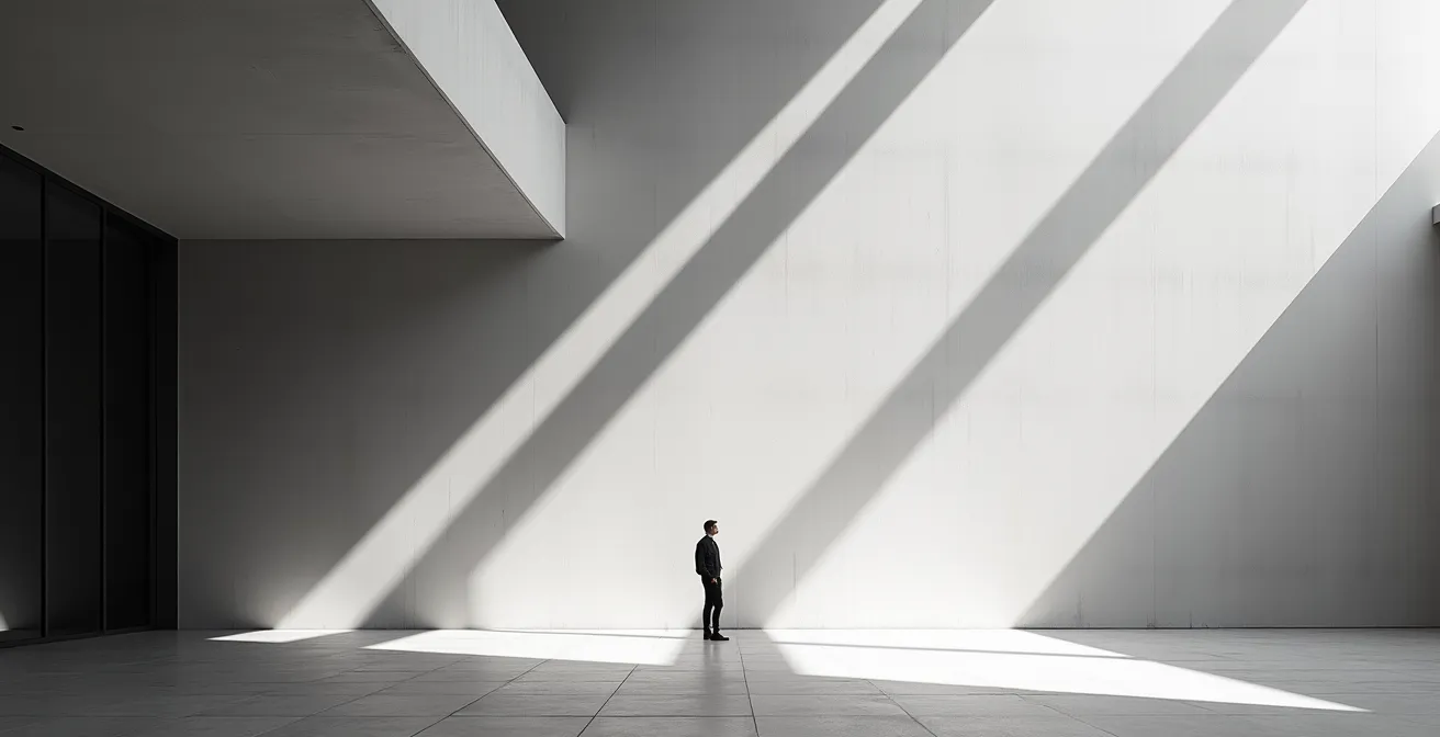 Composition photographique utilisant les ombres architecturales comme lignes de fuite vers le sujet