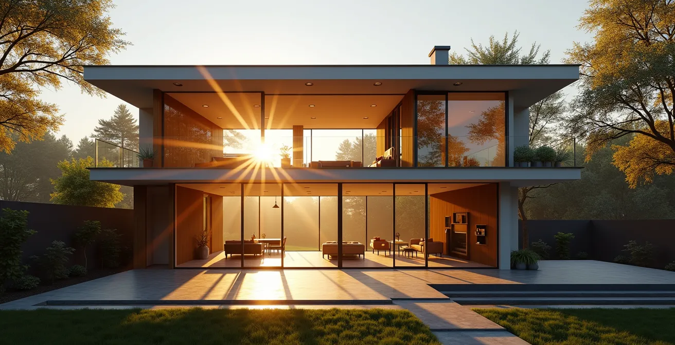 Schéma montrant la course du soleil sur une maison orientée sud avec protections solaires adaptées