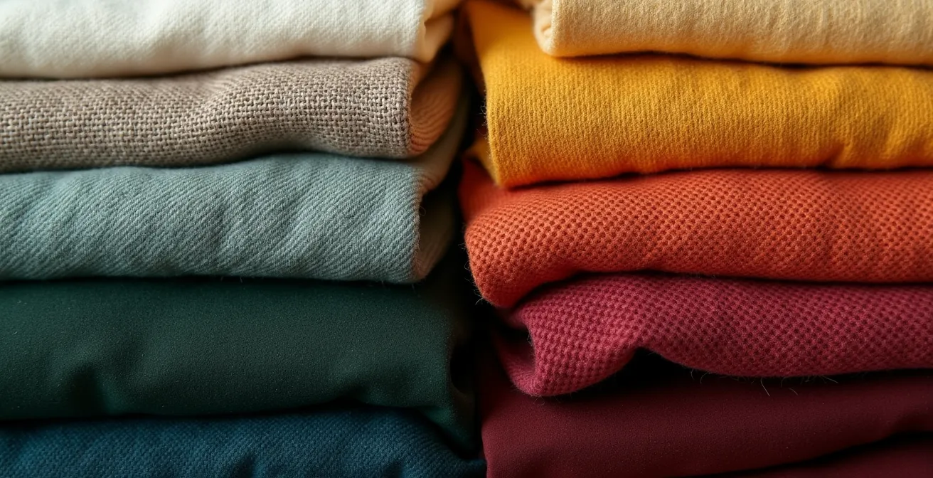 Arrangement visuel de vêtements montrant la progression des neutres aux couleurs d'accent