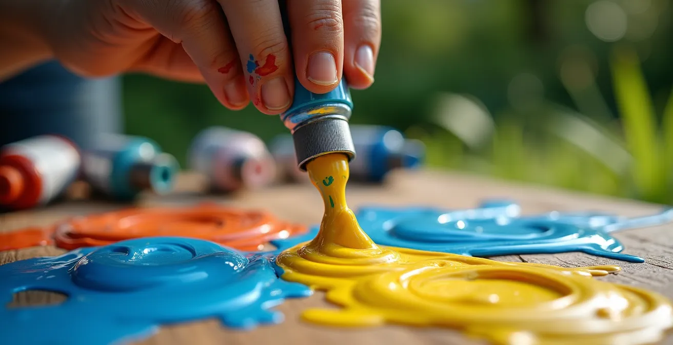 Artiste peignant en extérieur avec tubes de peinture et palette aux couleurs vives