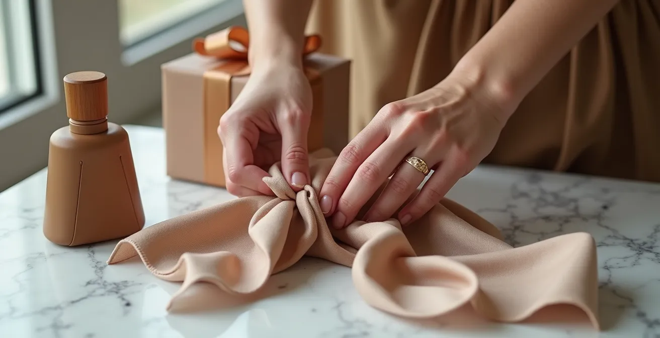 Mains expertes arrangeant une sélection de cadeaux élégants sur une surface en marbre