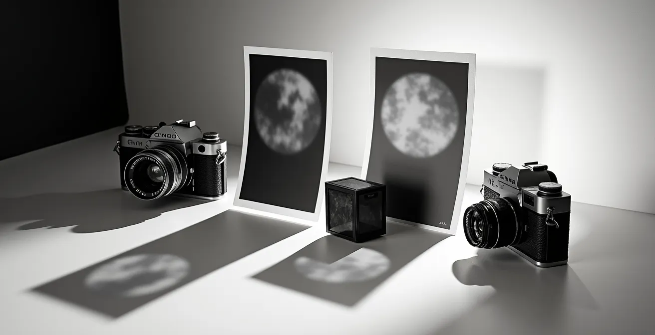 Composition symbolique montrant la construction narrative d'un reportage photo avec jeu d'ombres et de lumières