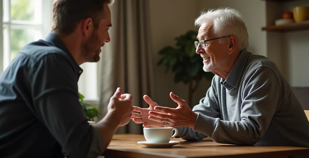 Moment d'échange entre photographe et sujet, appareil posé, créant une connexion humaine authentique